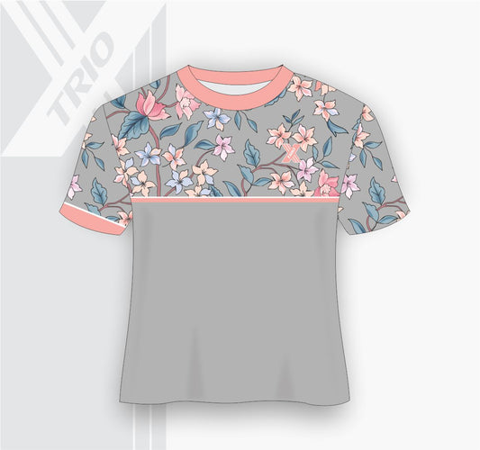 SHORT SLEEVE TSHIRT Grey With Pink And Blue Flowers